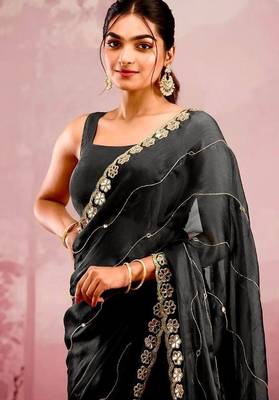 Black soft burberry silk blend saree with real mirror hand work & cutwork border 2