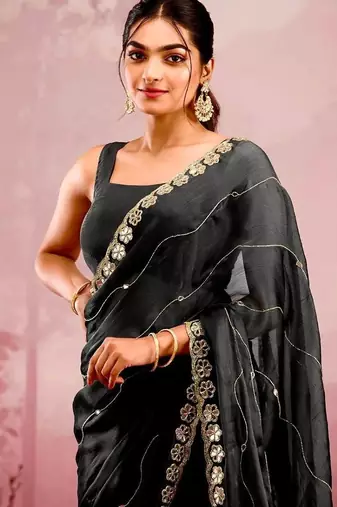 Black soft burberry silk blend saree with real mirror hand work & cutwork border