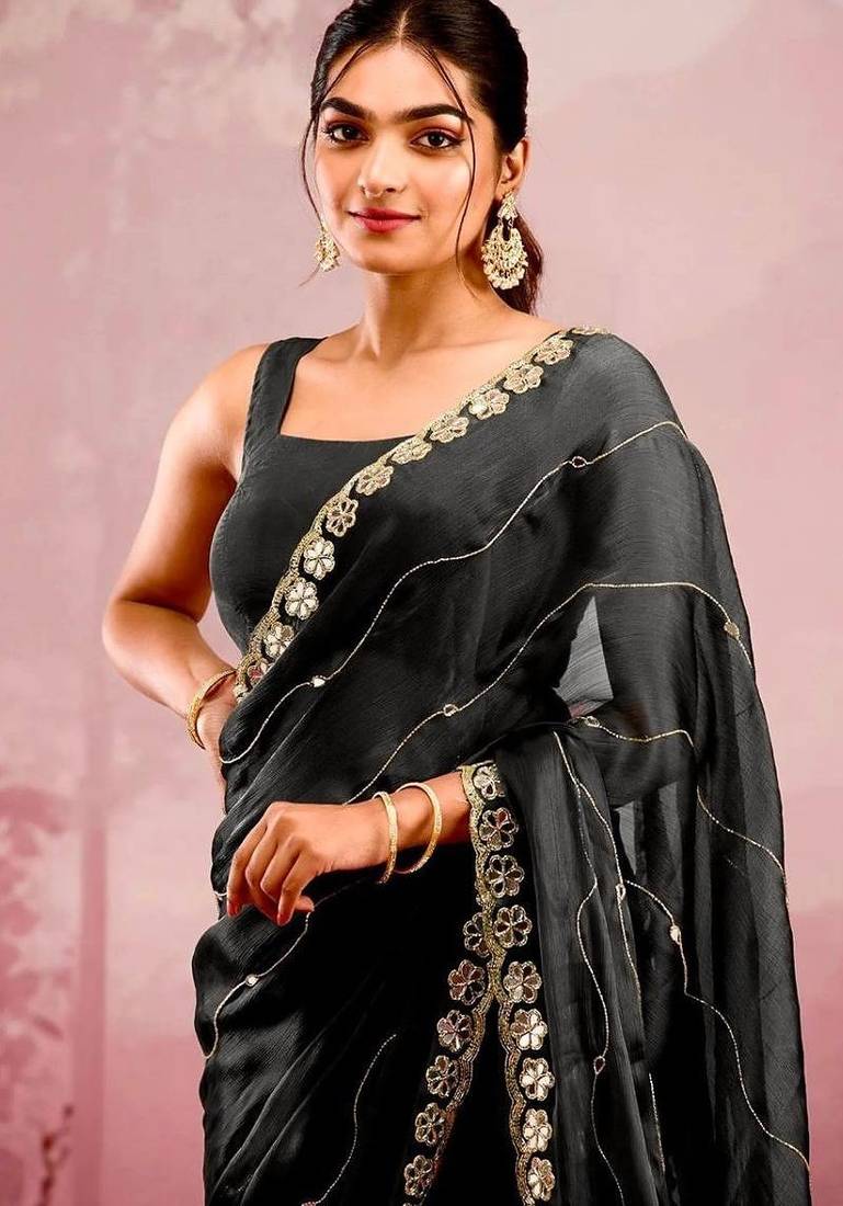 Black soft burberry silk blend saree with real mirror hand work & cutwork border