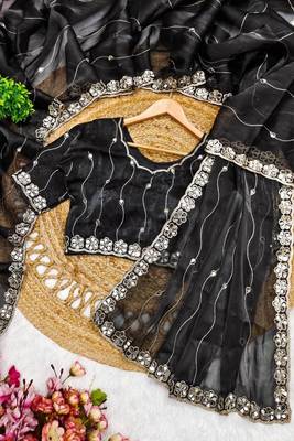 Black soft burberry silk blend saree with real mirror hand work & cutwork border 3