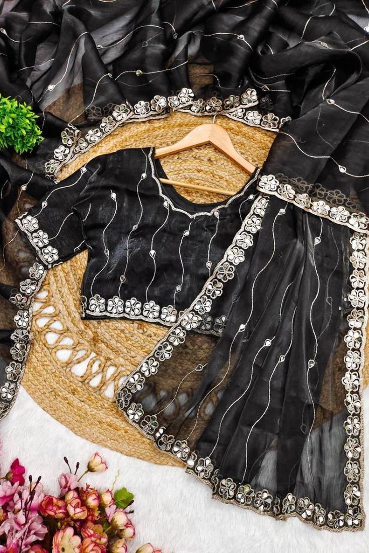 Black soft burberry silk blend saree with real mirror hand work & cutwork border