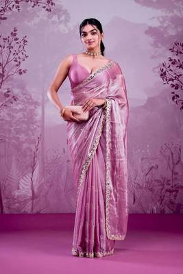 Dusty mauve soft burberry silk blend saree with real mirror hand work & cutwork border 1