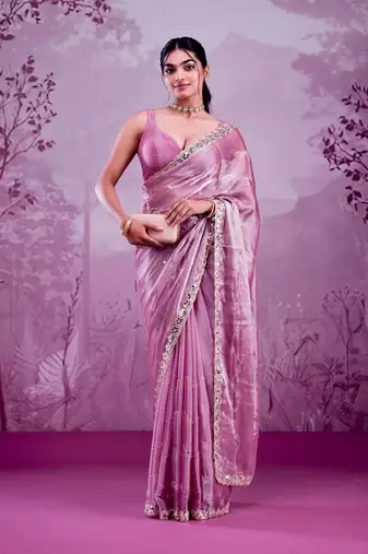 Dusty mauve soft burberry silk blend saree with real mirror hand work & cutwork border