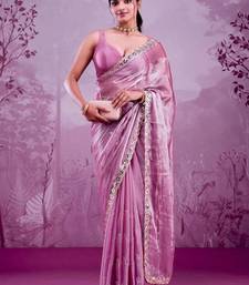 Dusty mauve soft burberry silk blend saree with real mirror hand work & cutwork border