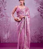 Dusty mauve soft burberry silk blend saree with real mirror hand work & cutwork border