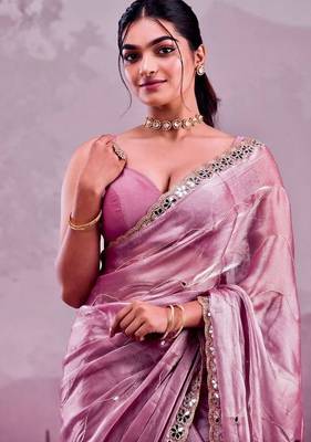 Dusty mauve soft burberry silk blend saree with real mirror hand work & cutwork border 2