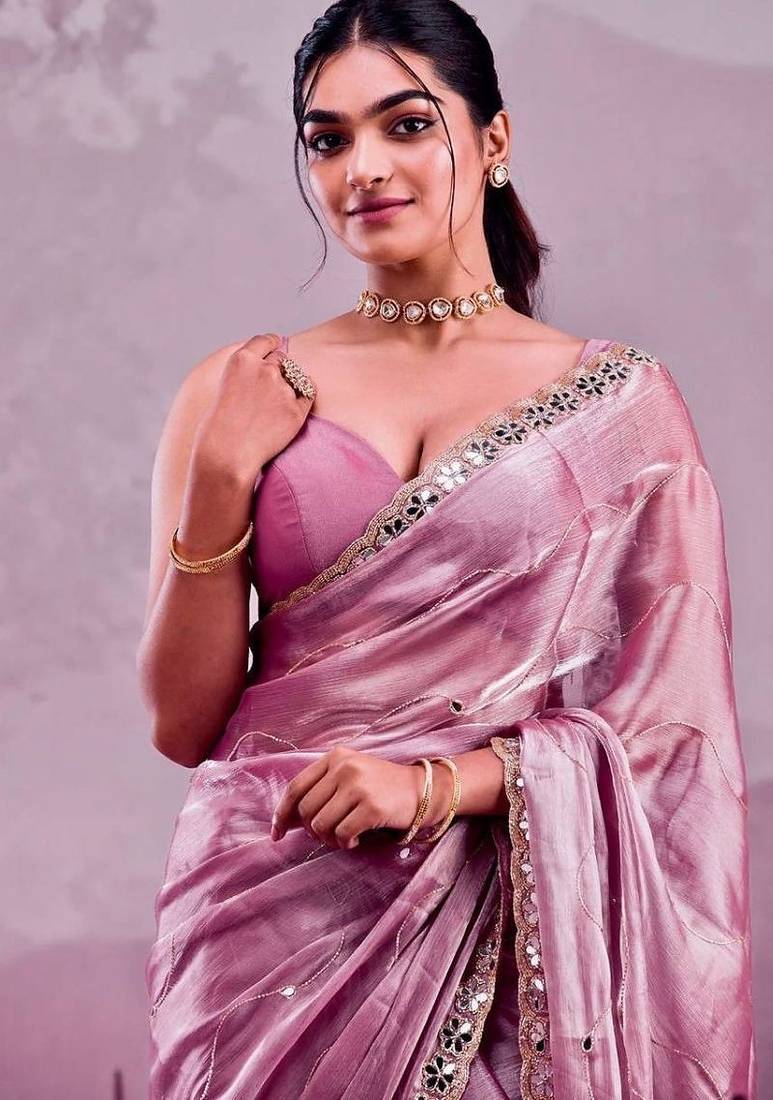 Dusty mauve soft burberry silk blend saree with real mirror hand work & cutwork border