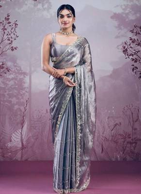 Grey soft burberry silk blend saree with real mirror hand work & cutwork border 1