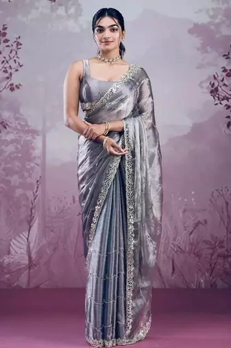 Grey soft burberry silk blend saree with real mirror hand work & cutwork border