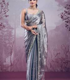 Grey soft burberry silk blend saree with real mirror hand work & cutwork border