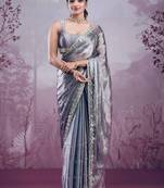 Grey soft burberry silk blend saree with real mirror hand work & cutwork border