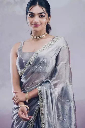 Grey soft burberry silk blend saree with real mirror hand work & cutwork border