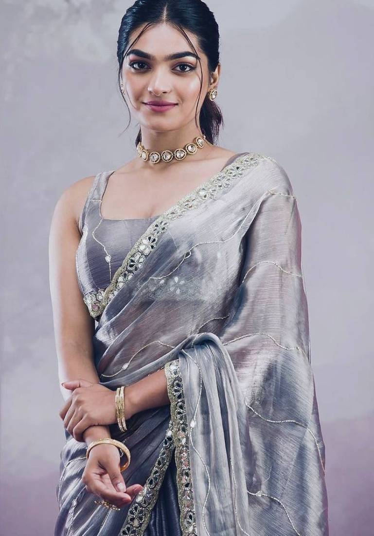 Grey soft burberry silk blend saree with real mirror hand work & cutwork border