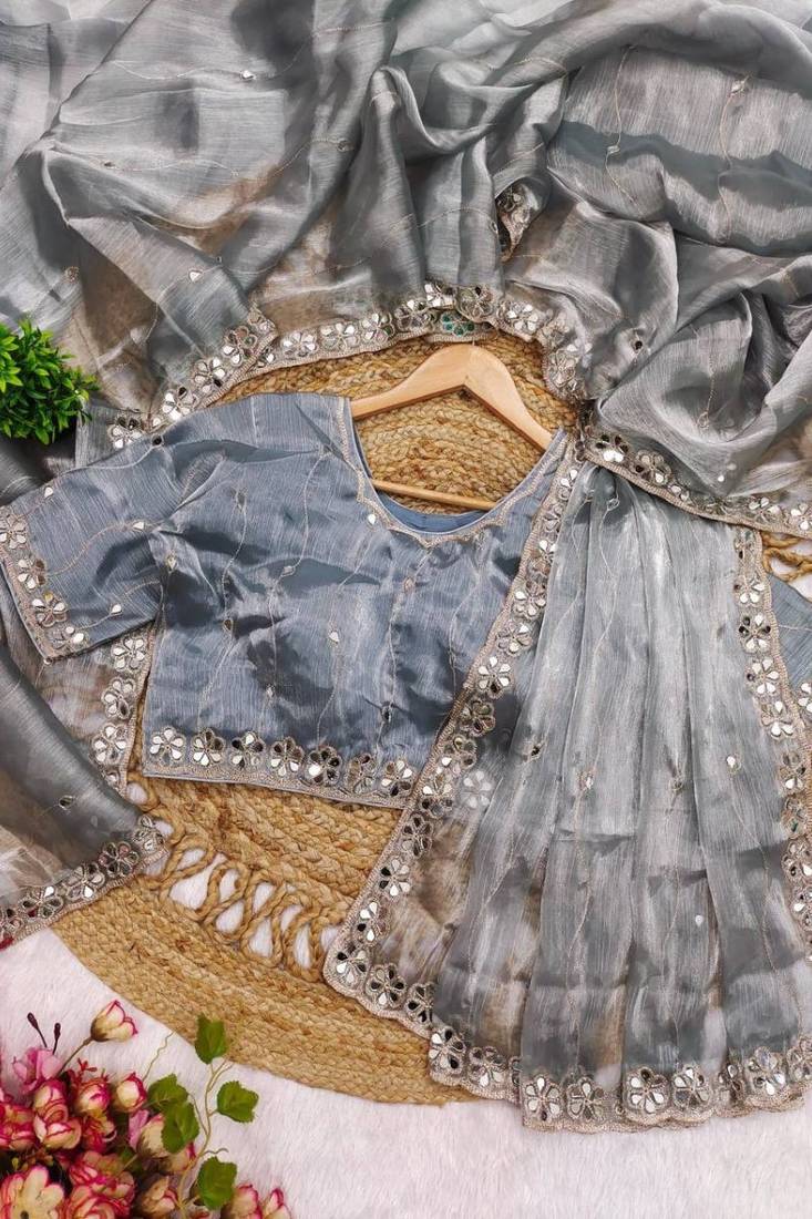 Grey soft burberry silk blend saree with real mirror hand work & cutwork border