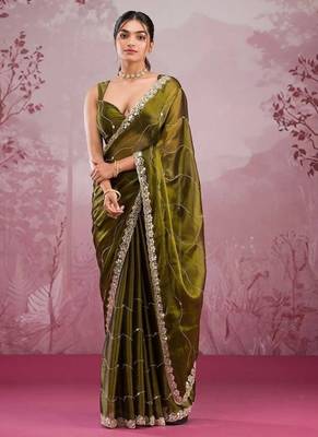 Mahendi green soft burberry silk blend saree with real mirror hand work & cutwork border 1