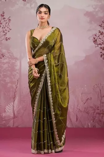 Mahendi green soft burberry silk blend saree with real mirror hand work & cutwork border