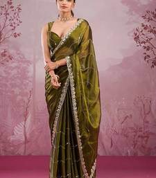 Mahendi green soft burberry silk blend saree with real mirror hand work & cutwork border