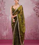 Mahendi green soft burberry silk blend saree with real mirror hand work & cutwork border