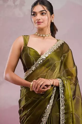 Mahendi green soft burberry silk blend saree with real mirror hand work & cutwork border