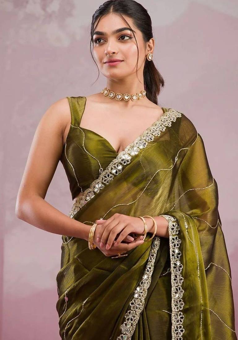 Mahendi green soft burberry silk blend saree with real mirror hand work & cutwork border