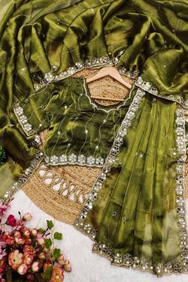 Mahendi green soft burberry silk blend saree with real mirror hand work & cutwork border 3