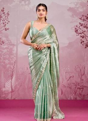 Mint green soft burberry silk blend saree with real mirror hand work & cutwork border 1
