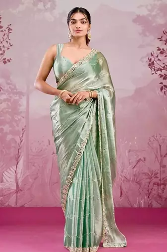 Mint green soft burberry silk blend saree with real mirror hand work & cutwork border