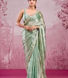 Mint green soft burberry silk blend saree with real mirror hand work & cutwork border