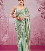 Mint green soft burberry silk blend saree with real mirror hand work & cutwork border
