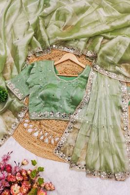 Mint green soft burberry silk blend saree with real mirror hand work & cutwork border 3