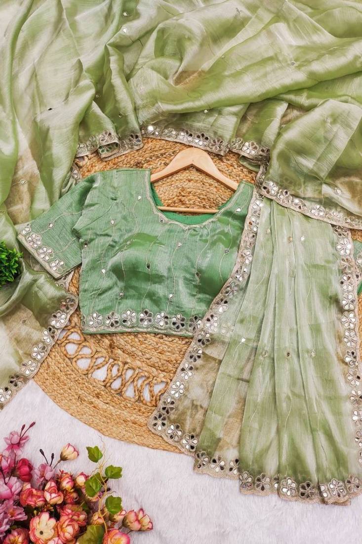 Mint green soft burberry silk blend saree with real mirror hand work & cutwork border