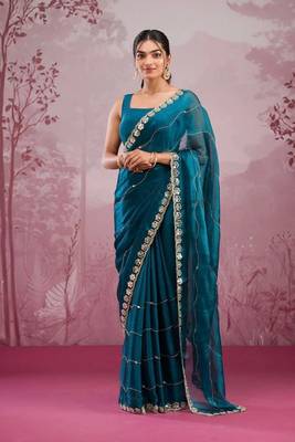 Peacock blue soft burberry silk blend saree with real mirror hand work & cutwork border 1