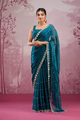 Peacock blue soft burberry silk blend saree with real mirror hand work & cutwork border