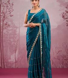 Peacock blue soft burberry silk blend saree with real mirror hand work & cutwork border