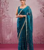 Peacock blue soft burberry silk blend saree with real mirror hand work & cutwork border