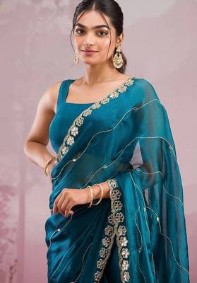 Peacock blue soft burberry silk blend saree with real mirror hand work & cutwork border 2