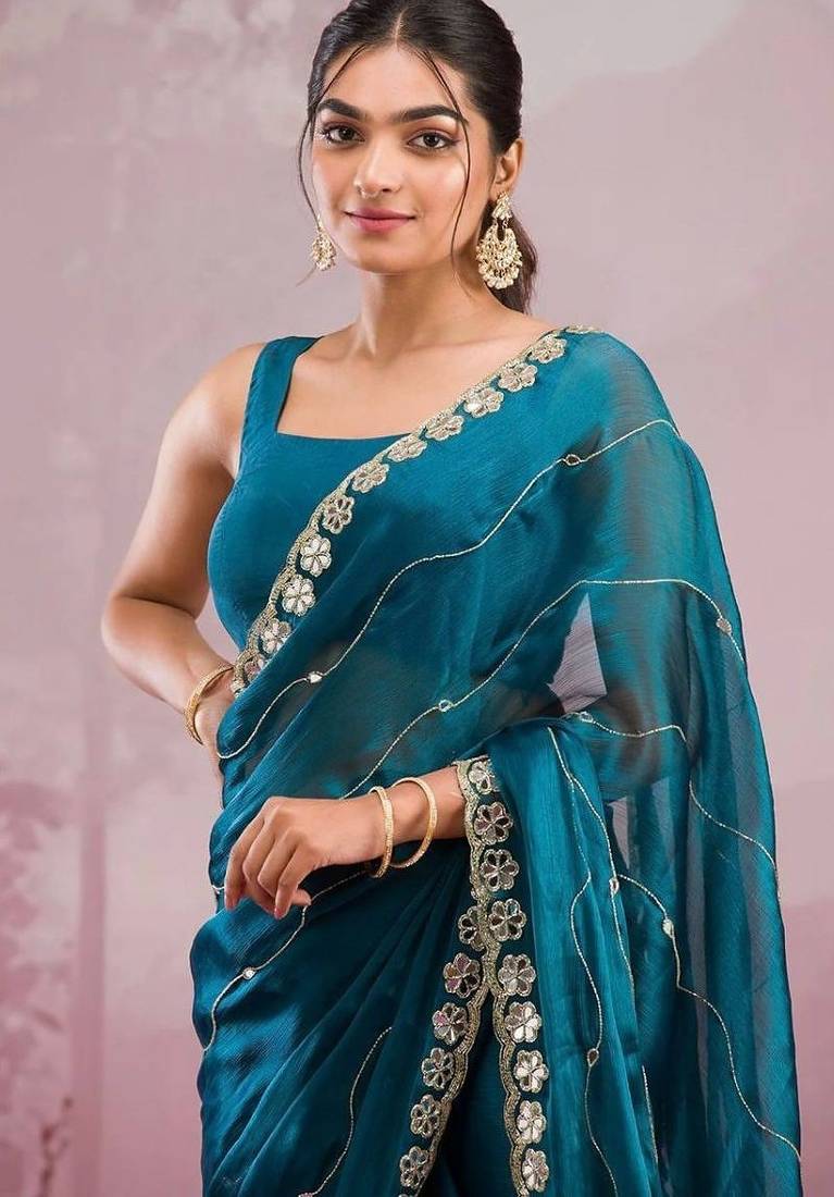 Peacock blue soft burberry silk blend saree with real mirror hand work & cutwork border