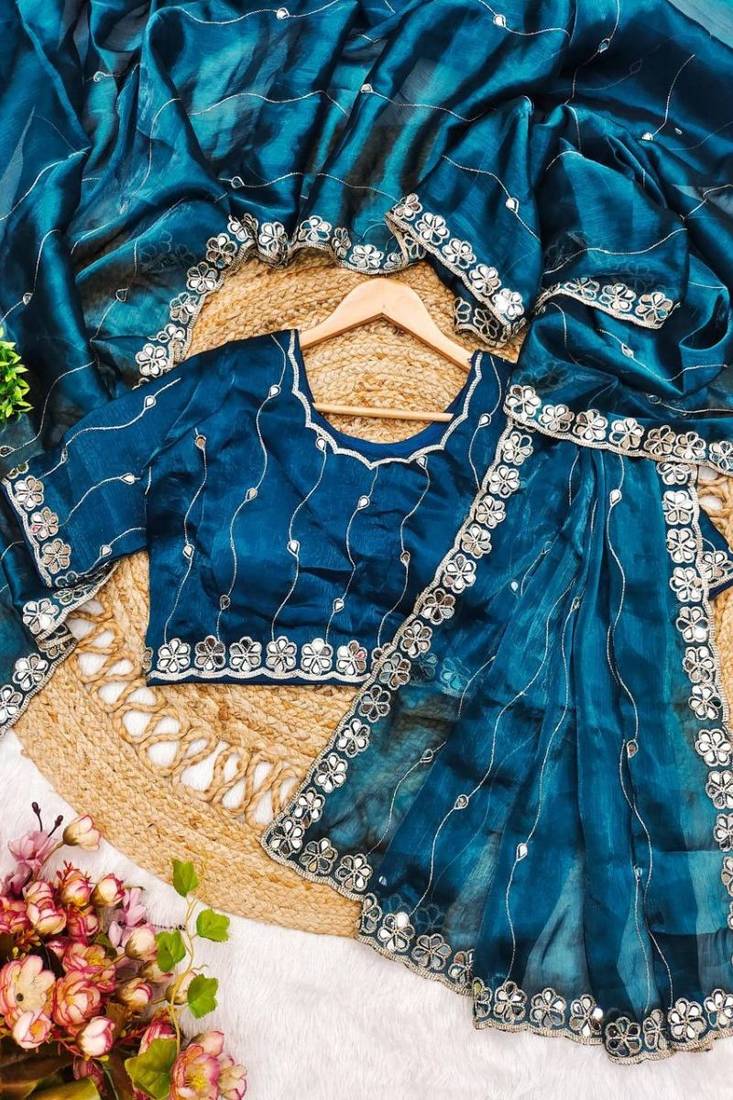 Peacock blue soft burberry silk blend saree with real mirror hand work & cutwork border