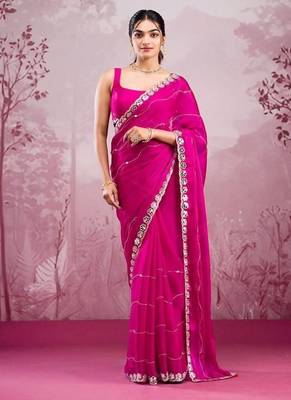 Rani pink soft burberry silk blend saree with real mirror hand work & cutwork border 1