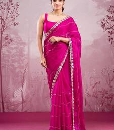 Rani pink soft burberry silk blend saree with real mirror hand work & cutwork border
