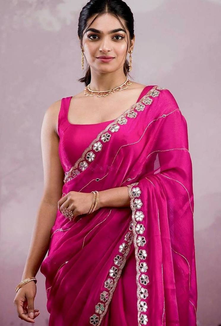 Rani pink soft burberry silk blend saree with real mirror hand work & cutwork border