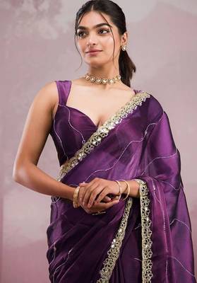 Royal purple soft burberry silk blend saree with real mirror hand work & cutwork border 2