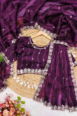 Royal purple soft burberry silk blend saree with real mirror hand work & cutwork border 1