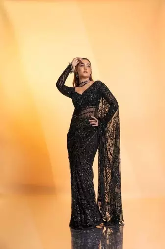 Black butterfly net saree with 5mm sequins work & jhalar pallu