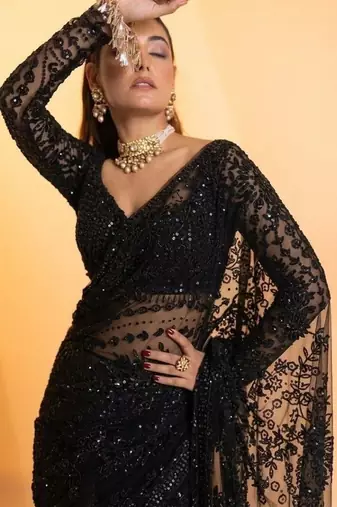 Black butterfly net saree with 5mm sequins work & jhalar pallu