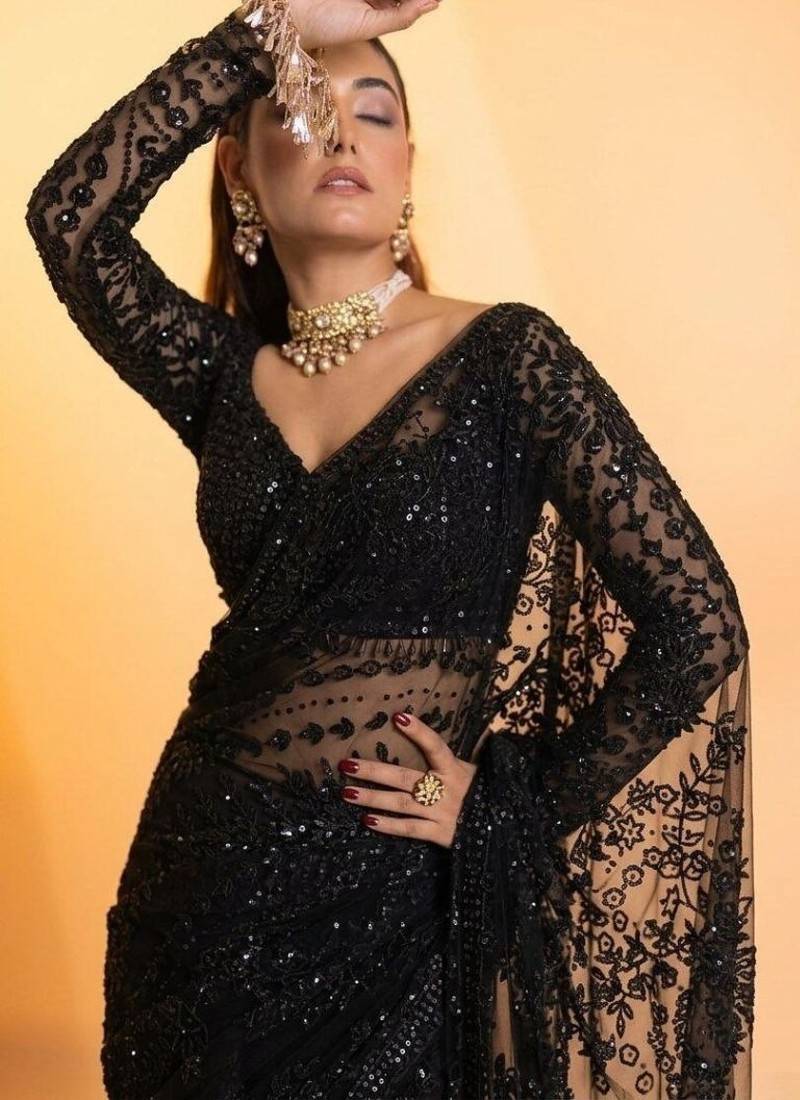 Black butterfly net saree with 5mm sequins work & jhalar pallu