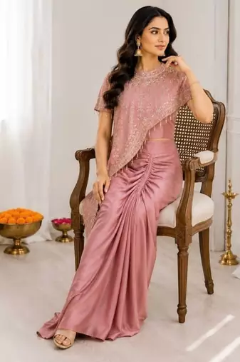 Premium crepe silk blend dhoti koti set with sequins embroidery