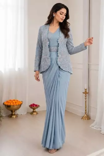 Dusty ice blue heavy crepe silk blend ready to wear saree with embroidered koti & belt