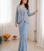 Dusty ice blue heavy crepe silk blend ready to wear saree with embroidered koti & belt