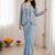 Dusty ice blue heavy crepe silk blend ready to wear saree with embroidered koti & belt